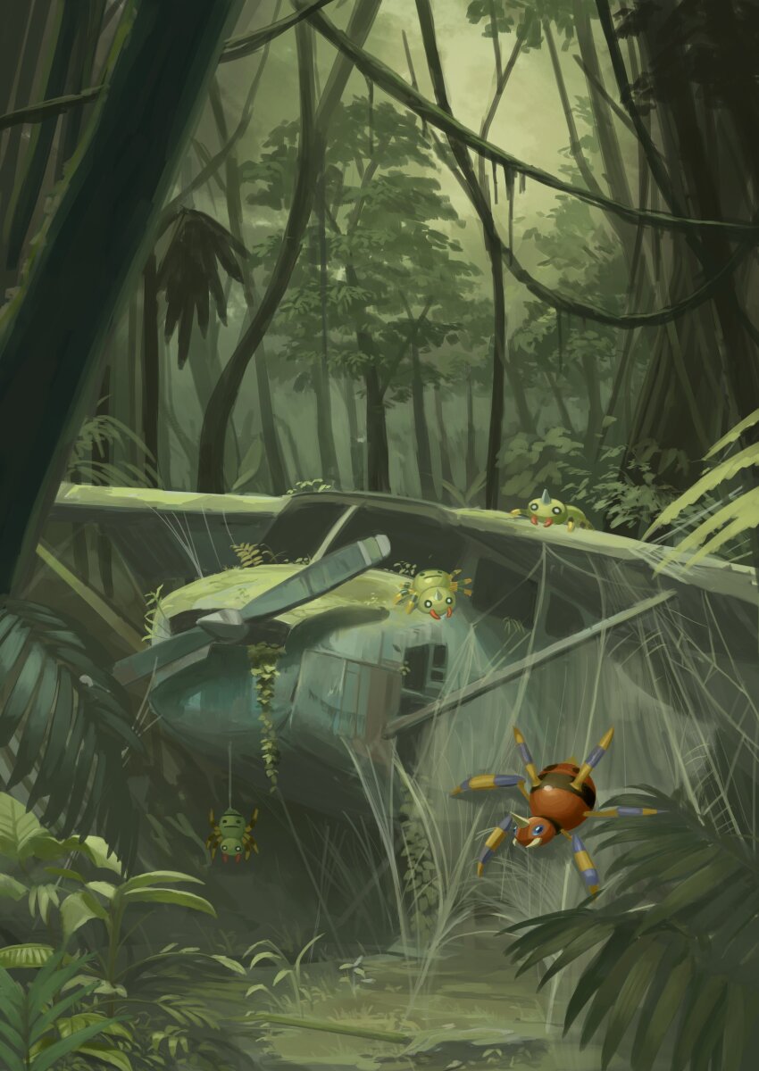 absurdres aircraft airplane ariados bug commentary_request evolutionary_line forest gen_2_pokemon highres king_joe_(neoroto) nature nintendo no_humans outdoors plant pokemon pokemon_(creature) silk spider spider_web spinarak tree wreckage