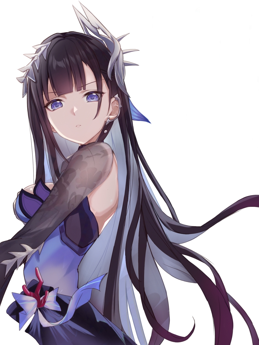 1girl black_hair commentary dress earpiece earrings from_side hair_ornament highres honkai:_star_rail honkai_(series) hysilens_(honkai:_star_rail) jewelry looking_at_viewer looking_to_the_side multicolored_dress purple_eyes saint_laurent_paris simple_background solo symbol-only_commentary white_background