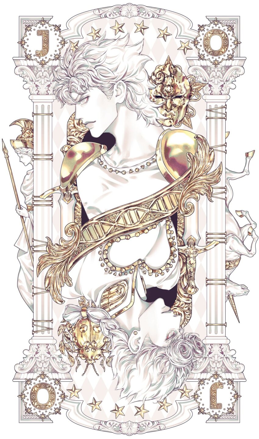 2boys armor art_nouveau braid bug colored_skin column earrings father_and_son giorno_giovanna gold high_collar highres insect jewelry jojo_no_kimyou_na_bouken jonathan_joestar ladybug looking_to_the_side male_focus multiple_boys pale_color pauldrons phantom_blood pillar profile shoulder_armor star_(symbol) statue stone_mask_(jojo) unicorn upside-down vento_aureo white_hair white_skin white_theme wing_ornament zhhy3324