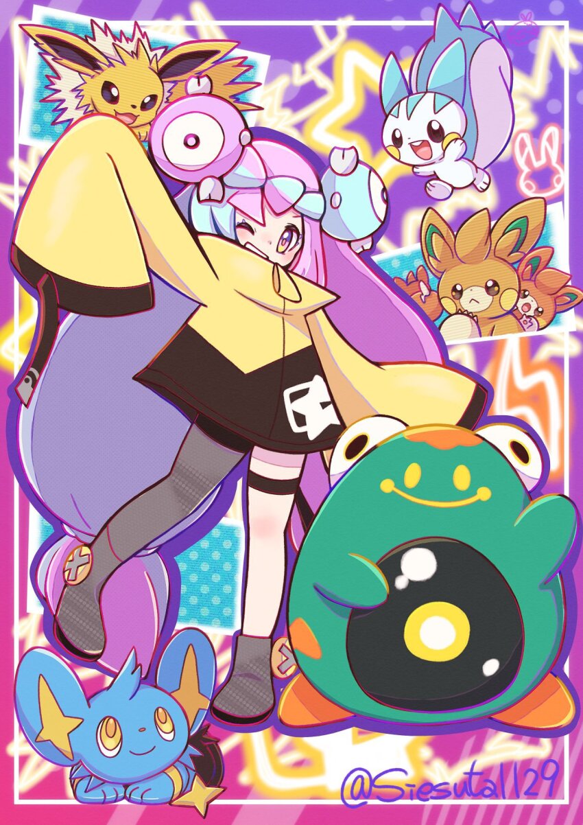 1girl ;) bellibolt blue_hair bow-shaped_hair character_hair_ornament electricity full_body gen_1_pokemon gen_4_pokemon gokuaku_rabbit hair_ornament highres iono_(pokemon) jacket jolteon long_hair long_sleeves looking_at_viewer nintendo one_eye_closed pachirisu pawmi pawmo pawmot pink_eyes pink_hair pokemon pokemon_(creature) pokemon_sv shinx single_leg_pantyhose sleeves_past_fingers sleeves_past_wrists smile star_(symbol) thigh_strap twintails twitter_username very_long_hair wide_sleeves yellow_jacket