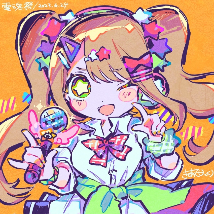 1girl :d ;d bow bowtie bracelet brown_hair collared_shirt denonbu green_eyes hair_bow hair_ornament hands_up headphones highres jewelry kayano_futaba kiato long_hair long_sleeves looking_at_viewer microphone nail_polish one_eye_closed open_mouth orange_nails pink_bow plaid_bow red_bow scrunchie second-party_source shirt smile solo star-shaped_pupils star_(symbol) star_hair_ornament symbol-shaped_pupils twintails white_shirt wrist_scrunchie