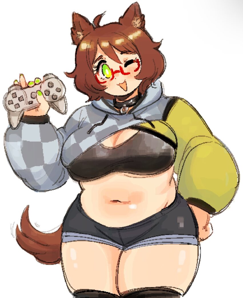 1girl :3 ahoge animal_ear_fluff animal_ears belly blush breasts brown_hair brown_tail cleavage collar controller cowboy_shot cropped_hoodie denim denim_shorts dog_ears dog_girl dot_nose edie_crop_hoodie game_controller glasses green_eyes green_nails hand_on_own_hip hashtag-only_commentary highres holding holding_controller holding_game_controller hood hoodie indie_virtual_youtuber jaggy_lines large_breasts long_sleeves looking_at_viewer medium_hair meme_attire mint_castella mint_castella_(1st_costume) navel one_eye_closed open_mouth pie_(aipiepo) plump red-framed_eyewear semi-rimless_eyewear short_shorts shorts simple_background solo stomach thick_thighs thighs under-rim_eyewear virtual_youtuber white_background
