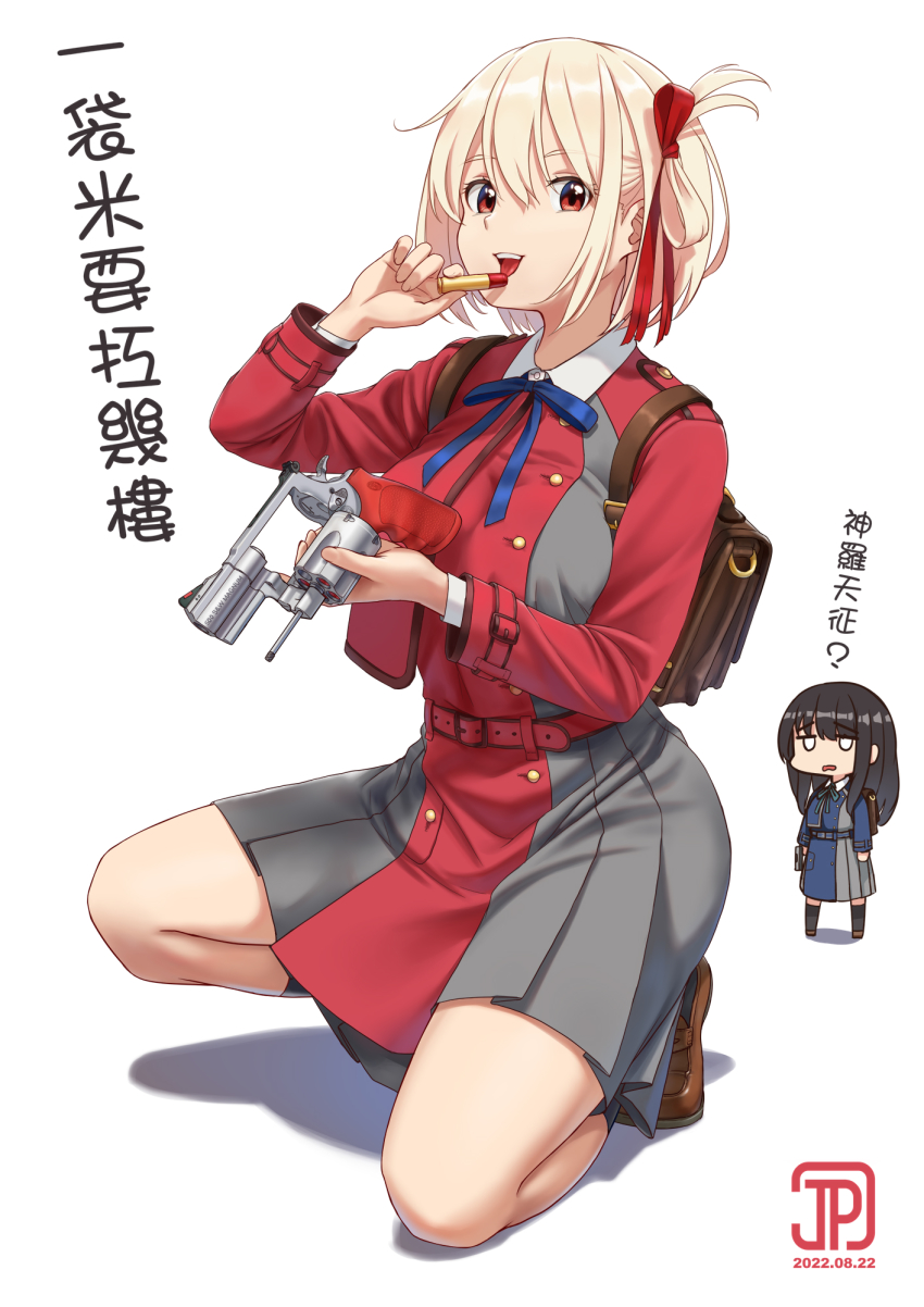 2girls belt black_hair black_socks blonde_hair blue_dress blue_ribbon bob_cut brown_footwear chibi chibi_inset collared_shirt commentary_request cosmetics dated dress full_body green_ribbon grey_dress gun hair_ribbon handgun highres holding holding_gun holding_lipstick_tube holding_weapon inoue_takina jpc lipstick_tube loafers long_hair looking_at_viewer lycoris_recoil lycoris_uniform multiple_girls neck_ribbon nishikigi_chisato open_mouth pleated_dress red_belt red_dress red_eyes red_ribbon revolver ribbon school_uniform shirt shoes short_hair simple_background socks solo_focus squatting teeth tongue tongue_out translation_request two-tone_dress upper_teeth_only weapon white_background white_shirt