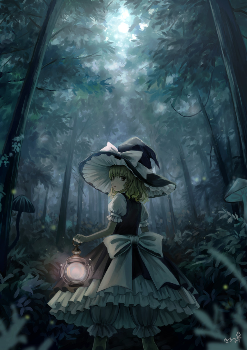 1girl absurdres back_bow black_hat black_skirt black_vest blonde_hair bloomers bow braid commentary_request day forest from_behind hat hat_bow hat_ribbon highres holding holding_lantern kirisame_marisa lantern looking_at_viewer looking_back medium_hair mushroom nature outdoors parted_lips puffy_short_sleeves puffy_sleeves ribbon sasami_(shiroi_fuwafuwa) shirt short_sleeves side_braid signature single_braid skirt solo touhou underwear vest white_bloomers white_bow white_shirt witch_hat