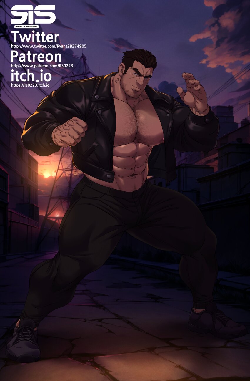 1boy abs absurdres alternate_pectoral_size bara bare_pectorals beard_stubble black_hair bulge facial_hair fighting_stance full_body highres huge_pectorals jacket leather leather_jacket looking_at_viewer lucas_lee male_focus muscular muscular_male navel navel_hair nipples paid_reward_available pectorals ryans scott_pilgrim_(series) scott_pilgrim_takes_off short_hair smile solo sparse_chest_hair standing stomach stubble sunset veins veiny_hands wrinkled_skin