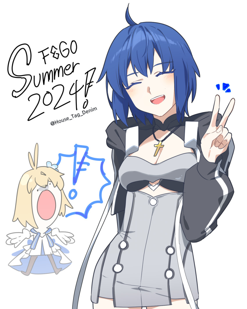 2girls ahoge arcueid_brunestud arcueid_brunestud_(mooncancer) bikini bikini_under_clothes black_bikini black_jacket blue_eyes blue_hair breasts c.i.e.l_(fate) c.i.e.l_(first_ascension)_(fate) chibi ciel_(tsukihime) closed_eyes cropped_jacket cross cross_necklace dress_swimsuit fate/grand_order fate_(series) grey_one-piece_swimsuit highres house_tag_denim jacket jewelry long_sleeves looking_at_viewer medium_breasts multiple_girls necklace one-piece_swimsuit open_mouth short_hair smile swimsuit