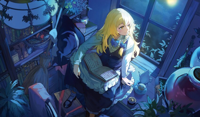 1girl apron basket black_hat black_shoes black_skirt black_vest blonde_hair blue_bow blue_bowtie bobby_socks book book_on_lap bow bowtie braid broom collared_shirt commentary_request cup desk full_body hat hat_bow highres indoors jar kirisame_marisa long_hair looking_ahead looking_outside mary_janes mero_(starfish_jcs) mini-hakkero moon moonlight mushroom night night_sky no_headwear on_desk open_book plant saucer second-party_source shelf shirt shoes side_braid single_braid sitting skirt sky smile socks teacup teapot touhou unworn_hat unworn_headwear vest waist_apron white_apron white_bow white_shirt white_socks window witch_hat yellow_eyes yin_yang