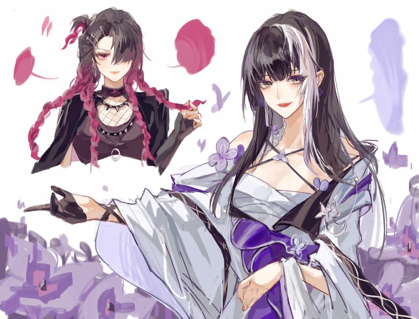 2girls asymmetrical_bangs bare_shoulders black_cape black_gloves black_hair black_shirt blank_speech_bubble braid breasts cape chest_sarashi chinese_commentary collarbone collared_cape commentary criss-cross_halter cropped_torso elbow_gloves fingerless_gloves fishnet_top fishnets flower gloves gradient_hair grey_gloves hair_ornament hair_over_one_eye hairclip half_gloves halterneck highres japanese_clothes kimono long_hair looking_at_viewer medium_breasts multicolored_hair multiple_braids multiple_girls off_shoulder one_side_up pansy path_to_nowhere petal_earrings pink_eyes pink_hair playing_with_own_hair prototype_design purple_flower purple_kimono red_lips sarashi shirt single_glove smile speech_bubble spiked_necklace streaked_hair sumire_(path_to_nowhere) thistle_(path_to_nowhere) two-tone_hair upper_body white_background xiyiji_li_you_zhi yellow_eyes