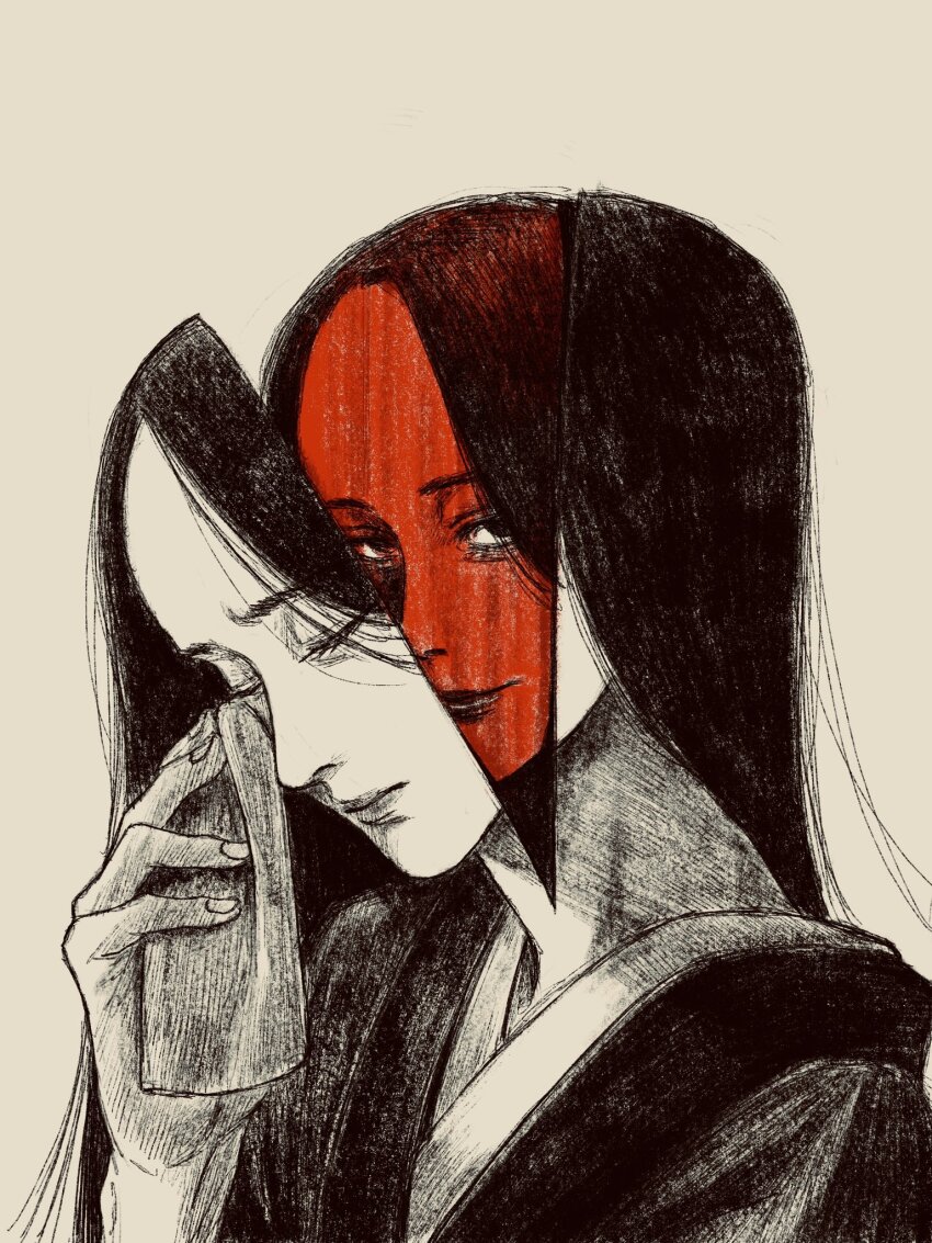 1girl black_hair black_outline highres holding_tissue long_hair looking_at_viewer mask original outline portrait solo spot_color tp_p_pt