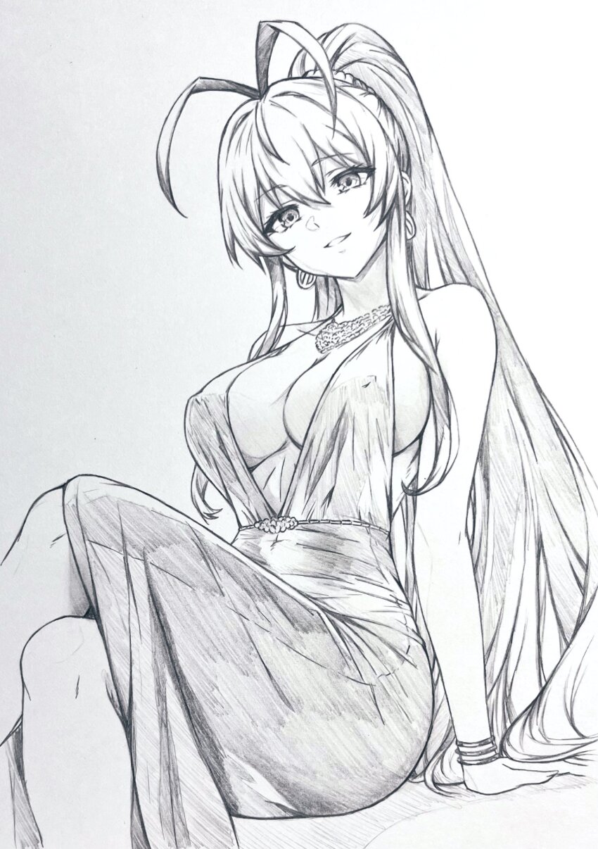 1girl bare_shoulders blazblue bracelet breasts cleavage commentary_request covered_erect_nipples covered_navel dress earrings high_ponytail highres jewelry large_breasts long_hair looking_at_viewer mai_natsume monochrome necklace ponytail seishun_dendeke sideboob sidelocks solo