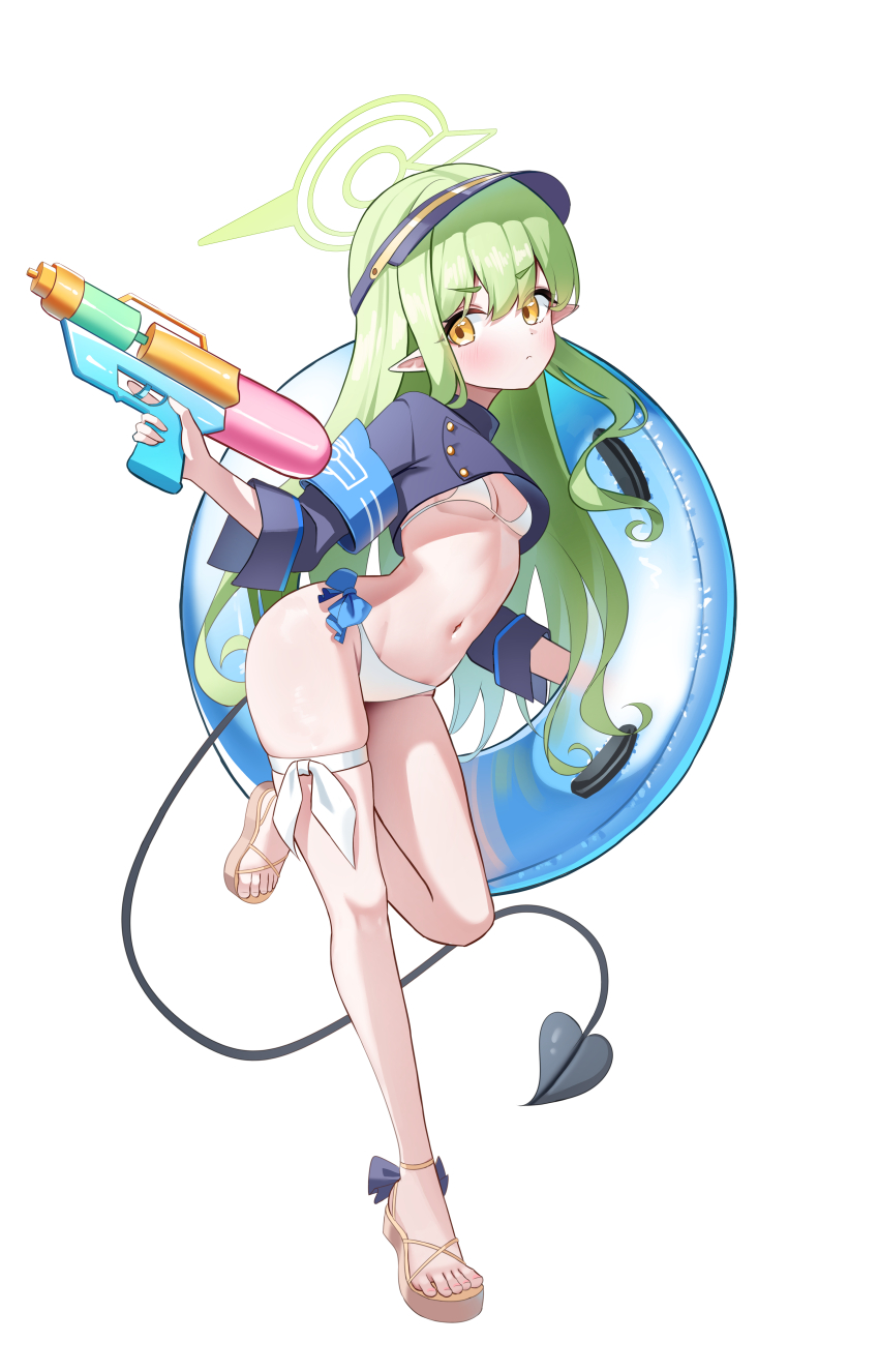 1girl absurdres armband bikini black_tail blue_archive blue_armband blue_innertube blue_jacket breasts closed_mouth commentary_request cropped_jacket demon_girl demon_tail full_body green_hair green_halo halo highres hikari_(blue_archive) holding holding_water_gun innertube jacket li_se loli long_hair long_sleeves looking_at_viewer navel pointy_ears sandals simple_background small_breasts solo standing standing_on_one_leg swim_ring swimsuit tail thigh_strap toes v-shaped_eyebrows visor_cap water_gun white_background white_bikini yellow_eyes