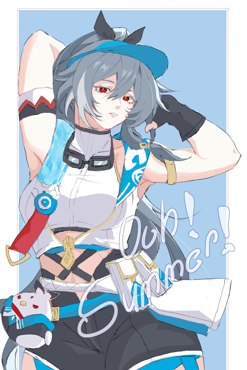1girl absurdres artist_request black_gloves breasts english_text fingerless_gloves gloves grey_hair herrscher_of_sentience herrscher_of_sentience_(ooh!_summer!) highres honkai_(series) honkai_impact_3rd jingwei_(bird) long_hair red_eyes solo tagme