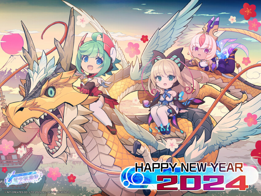 2024 3girls ahoge antenna_hair azure_striker_gunvolt azure_striker_gunvolt_3 bare_shoulders black_pantyhose blonde_hair breasts butterfly_hair_ornament chibi chinese_zodiac cleavage commentary dragon eastern_dragon green_hair group_picture gunvolt_chronicles_luminous_avenger_ix gunvolt_records_cychronicle hair_ornament happy_new_year hatakeyama_yoshitaka headgear highres leotard lumen_(gunvolt) luxia_(gunvolt) multicolored_hair multiple_girls new_year official_art pantyhose pink_hair red_leotard riding roro_(gunvolt) sharp_teeth teeth thighhighs two-tone_hair white_leotard white_thighhighs year_of_the_dragon yellow_scales