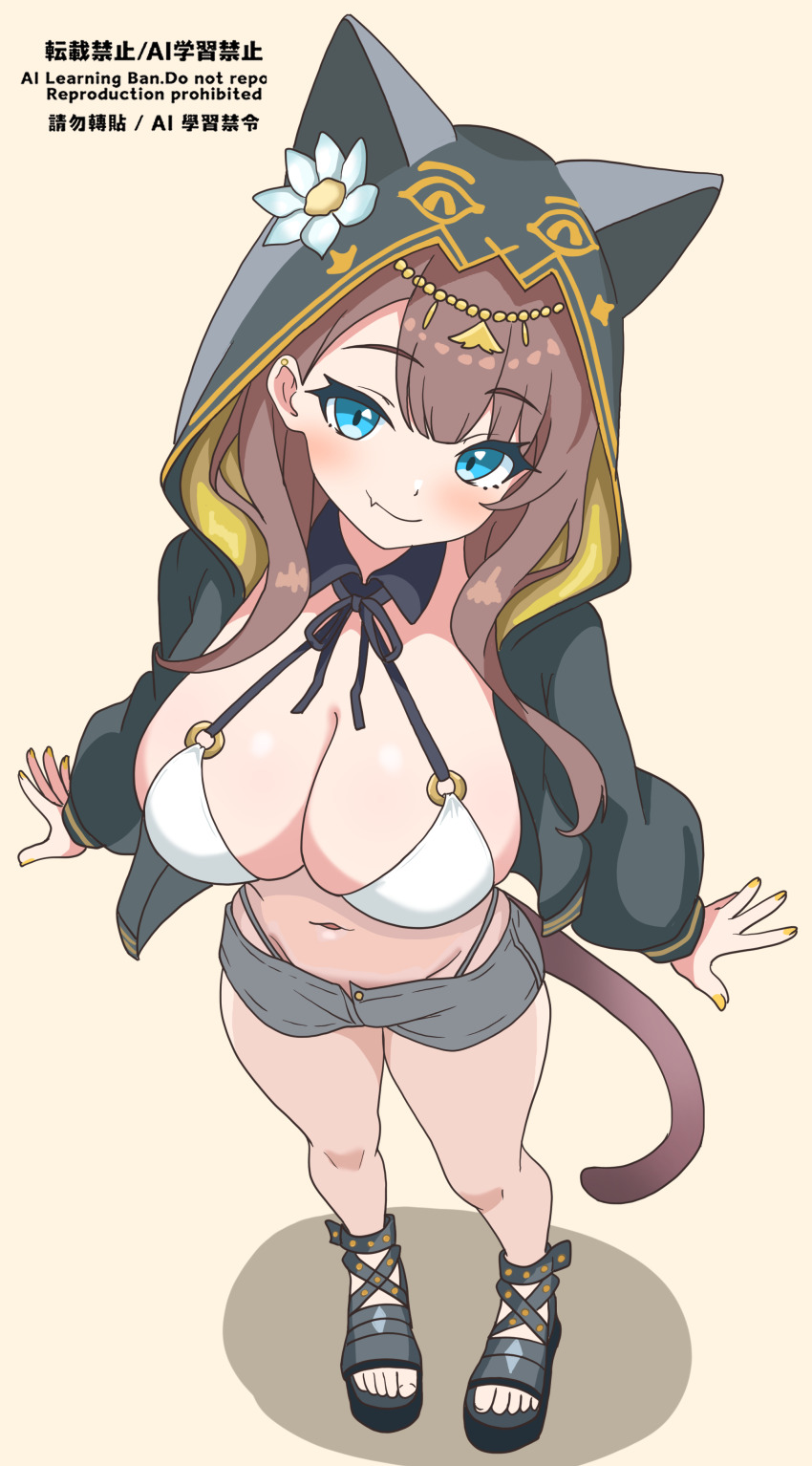 1girl absurdres animal_ears animal_hood arknights bikini bikini_under_clothes black_jacket black_sandals blue_eyes blush breasts brown_background brown_hair cat_ears cat_tail cleavage closed_mouth commentary_request commission eggplant7217 fake_animal_ears fang fang_out flower from_above full_body grey_shorts groin hair_ornament highleg highleg_bikini highres hood hood_up hooded_jacket hoodie jacket large_breasts long_hair long_sleeves looking_at_viewer nail_polish navel o-ring o-ring_bikini o-ring_top pepe_(arknights) puffy_long_sleeves puffy_sleeves sandals shadow shoes short_shorts shorts simple_background skeb_commission smile solo standing swimsuit tail thighs watermark white_bikini white_flower yellow_nails