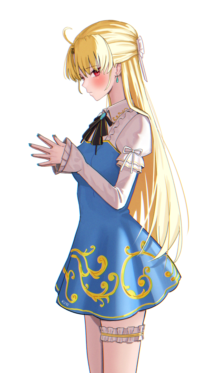 a5235 ahoge blonde_hair blue_dress bow dress earrings frilled_thigh_strap hair_bow half_updo highres jewelry jingburger long_hair long_sleeves multicolored_dress parted_bangs puff_and_slash_sleeves puffy_sleeves red_eyes simple_background thigh_strap virtual_youtuber waktaverse white_bow