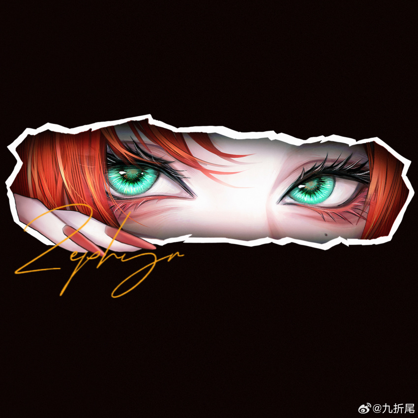 1girl absurdres aegyo_sal black_background character_signature chinese_commentary colored_eyelashes commentary eye_focus green_eyes highres mole mole_under_eye orange_hair orange_nails path_to_nowhere simple_background solo tsurime watermark weibo_username weibo_watermark yu_zhezhe zephyr_(path_to_nowhere)