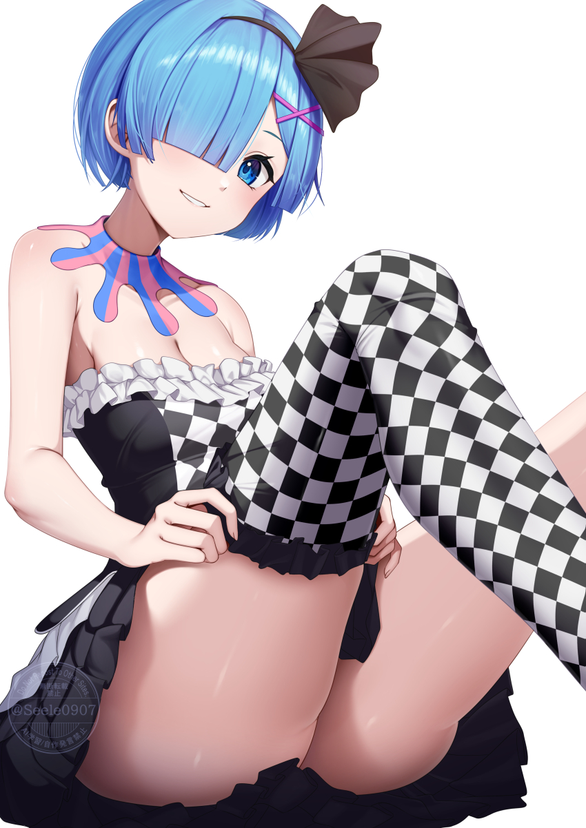 1girl absurdres alternate_costume black_dress blue_eyes blue_hair blush breasts checkered_clothes checkered_dress checkered_legwear cleavage commentary_request commission dress frilled_dress frills hair_ornament hair_over_one_eye highres looking_at_viewer medium_breasts pixiv_commission re:zero_kara_hajimeru_isekai_seikatsu rem_(re:zero) seele0907 short_hair simple_background single_thighhigh sitting smile solo strapless strapless_dress thick_thighs thighhighs thighs watermark white_background x_hair_ornament