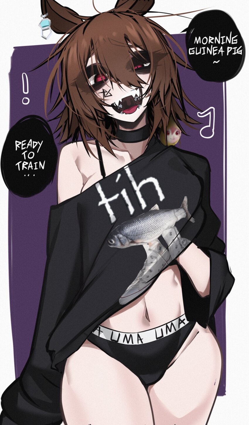 ! 1girl ace_glitch agnes_tachyon_(umamusume) alternate_costume animal_ears black_choker black_panties black_shirt border bra_strap breasts brown_hair choker clothes_writing commentary constricted_pupils cowboy_shot crazy_smile double-parted_bangs english_commentary fih_(meme) hair_between_eyes hand_under_clothes hand_under_shirt highres horse_ears horse_girl long_sleeves looking_at_viewer medium_breasts meme messy_hair midriff musical_note navel open_mouth outside_border panties pearto print_shirt purple_background raised_inner_eyebrows red_eyes sharp_teeth shirt short_hair single_bare_shoulder smile solo teeth thick_eyelashes thighs umamusume underwear uneven_eyes white_border