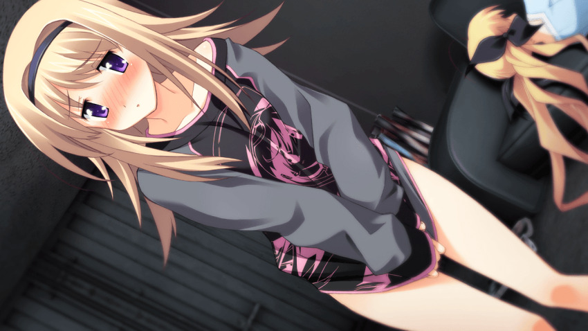 2girls :o bare_hips black_bow black_hairband black_ribbon black_sweater blonde_hair blouse blue_shirt blush bow chaos;head chaos;head_love_chu_chu! character_print collarbone covering_privates dutch_angle embarrassed from_behind from_side game_cg hair_bow hair_ribbon hairband implied_no_panties indoors knees lineart long_hair long_sidelocks looking_at_viewer matsuo_yukihiro multiple_girls multiple_hair_bows nape nishijou_nanami no_panties nose_blush official_art orihara_kozue oversized_clothes oversized_sweater pulling_own_clothes purple_eyes ribbon seira_orgel shiny_eyes shiny_skin shipping_container shirt sidelocks single_bare_shoulder sleeves_past_wrists sweater swept_bangs thick_thighs thighs v_arms