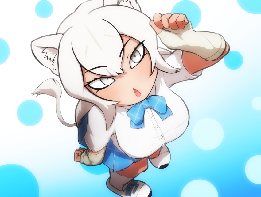1girl animal_ears blue_bow blue_bowtie blue_skirt bow bowtie collared_shirt dark-skinned_female dark_skin detached_sleeves from_above grey_eyes hair_between_eyes highres kemono_friends lion_ears lion_girl lion_tail looking_at_viewer open_mouth plaid_bow plaid_bowtie plaid_clothes plaid_skirt pleated_skirt rest_in_muni school_uniform shirt shirt_tucked_in shoes short_hair short_sleeves short_twintails sidelocks skirt sleeves_past_wrists sneakers socks solo t-shirt tail thumb_hole_sleeves transvaal_lion_(kemono_friends) twintails uwabaki white_hair white_shirt white_shoes white_sleeves white_socks