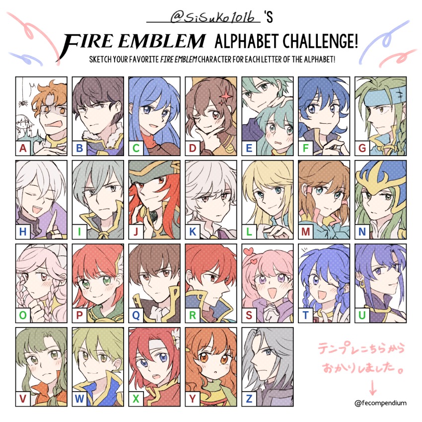 6+boys 6+girls aqua_hair armor artur_(fire_emblem) bad_id bad_twitter_id berkut_(fire_emblem) black_armor black_hair blonde_hair blue_armor blue_eyes blue_hair blush braid brown_hair bug caeda_(fire_emblem) cape chart closed_eyes delthea_(fire_emblem) dress eirika_(fire_emblem) elbow_gloves ephraim_(fire_emblem) farina_(fire_emblem) feather_hair_ornament fire_emblem fire_emblem:_genealogy_of_the_holy_war fire_emblem:_mystery_of_the_emblem fire_emblem:_path_of_radiance fire_emblem:_radiant_dawn fire_emblem:_shadow_dragon fire_emblem:_the_binding_blade fire_emblem:_the_blazing_blade fire_emblem:_the_sacred_stones fire_emblem_awakening fire_emblem_echoes:_shadows_of_valentia fire_emblem_gaiden fire_emblem_heroes fur_trim gloves green_eyes green_hair grey_eyes grey_hair guy_(fire_emblem) hair_ornament hair_ribbon hair_tubes hairband hand_on_own_chin headband heart heart-shaped_pupils helmet henry_(fire_emblem) highres innes_(fire_emblem) jewelry joshua_(fire_emblem) kliff_(fire_emblem) long_hair looking_at_viewer lucius_(fire_emblem) lute_(fire_emblem) mist_(fire_emblem) multiple_boys multiple_girls nephenee_(fire_emblem) nintendo olivia_(fire_emblem) one_eye_closed open_mouth pink_hair ponytail portrait priscilla_(fire_emblem) purple_eyes quan_(fire_emblem) raven_(fire_emblem) red_eyes red_hair ribbon scarf serra_(fire_emblem) short_hair siblings skirt smile sparkle spider sushitarou symbol-shaped_pupils tana_(fire_emblem) twin_braids twintails twitter_username ursula_(fire_emblem) vanessa_(fire_emblem) wink wolt_(fire_emblem) xane_(fire_emblem) yune_(fire_emblem) zihark_(fire_emblem)