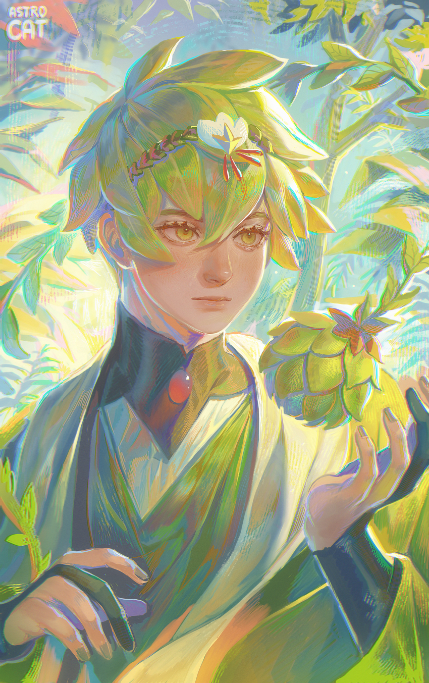 1boy absurdres aegyo_sal artist_name astrocatsama bishounen black_collar black_gloves branch closed_mouth collar cookie_run day foliage gloves green_eyes green_hair green_shirt hair_between_eyes hand_up herb_cookie herb_cookie_(sage_of_ivies) highres humanization jacket laurel_crown lips looking_to_the_side male_focus mandarin_collar multicolored_background nail_polish nose object_floating_above_hand official_alternate_costume open_clothes open_hand open_jacket outdoors partially_fingerless_gloves plant red_brooch shirt three-quarter_sleeves solo tree upper_body vines white_jacket white_shirt wide_sleeves
