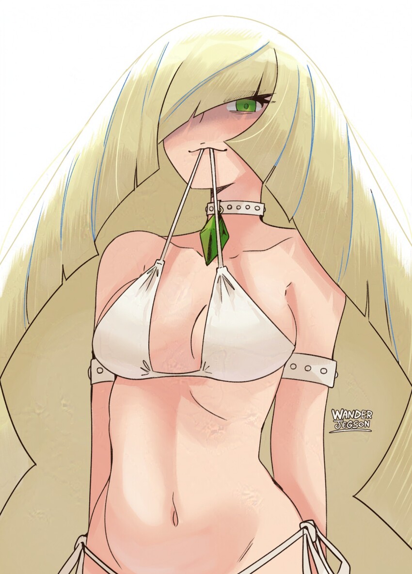 1girl alternate_costume armlet bare_shoulders bikini bikini_top_lift blonde_hair breasts cleavage clothes_lift collar commentary creatures_(company) english_commentary game_freak gem green_eyes green_gemstone hair_over_one_eye highres jewelry long_hair looking_at_viewer lusamine_(pokemon) mouth_hold navel nintendo pokemon pokemon_sm smile solo string_bikini swimsuit upper_body very_long_hair wanderjegson white_bikini white_collar