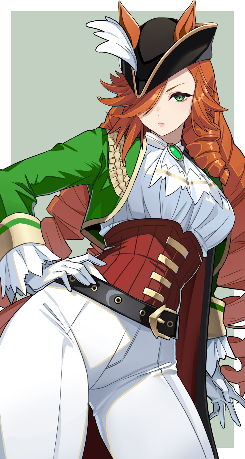 1girl absurdres animal_ears ascot belt black_belt breasts brown_hair closed_mouth corset drill_hair ears_through_headwear gloves green_eyes green_jacket hair_over_one_eye hand_on_own_hip highres horse_ears horse_girl horse_tail jacket large_breasts long_hair long_sleeves looking_at_viewer pants red_corset reibun_(raven1119) shirt simple_background solo tail toni_bianca_(umamusume) umamusume umamusume:_cinderella_gray white_ascot white_gloves white_pants white_shirt