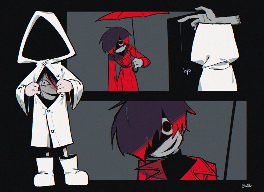 1girl 2boys black_hair blood blood_on_face boots coat hair_over_one_eye hashtag-only_commentary heroine_(homicipher) holding holding_umbrella homicipher mr._gap mr._scarletella multiple_boys raincoat red_coat red_eyes red_hair red_umbrella short_hair ui2ko umbrella white_raincoat