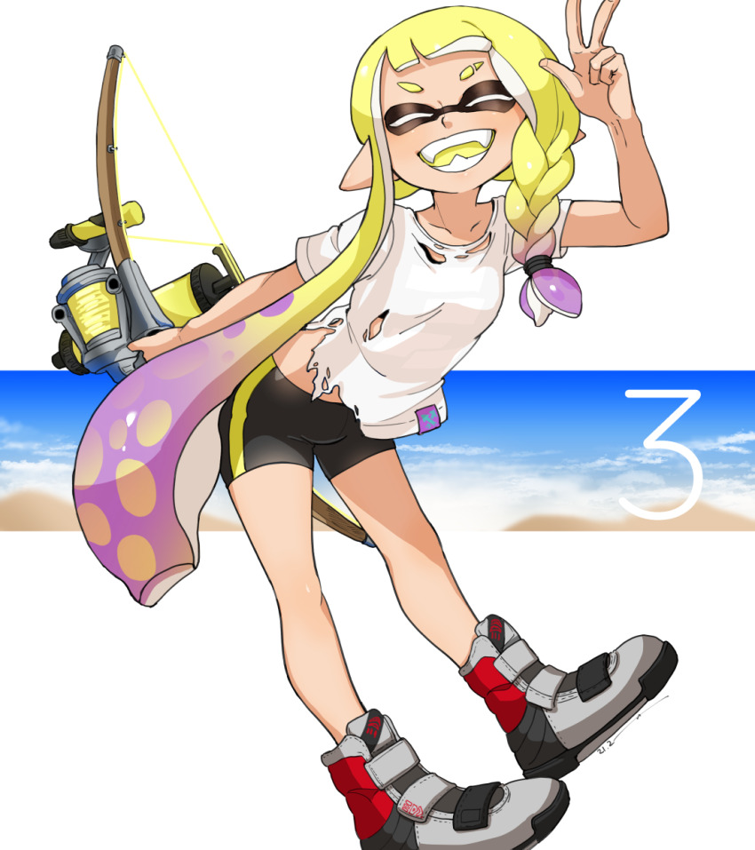 1girl agent_3_(splatoon_3) asymmetrical_hair bike_shorts black_shorts blonde_hair boots bow_(weapon) bra bra_peek braid closed_eyes collarbone colored_tongue commentary_request eyebrow_cut fangs full_body gradient_hair grey_boots hand_up highres holding holding_bow_(weapon) holding_weapon inkling letterboxed long_hair midriff multicolored_hair nintendo open_mouth pointy_ears purple_hair shirt short_sleeves shorts single_braid smile solo splatoon_(series) splatoon_3 standing t-shirt tentacle_hair torn_clothes torn_shirt tri-stringer_(splatoon) two-tone_hair underwear very_long_hair w weapon white_shirt yellow_tongue yeneny