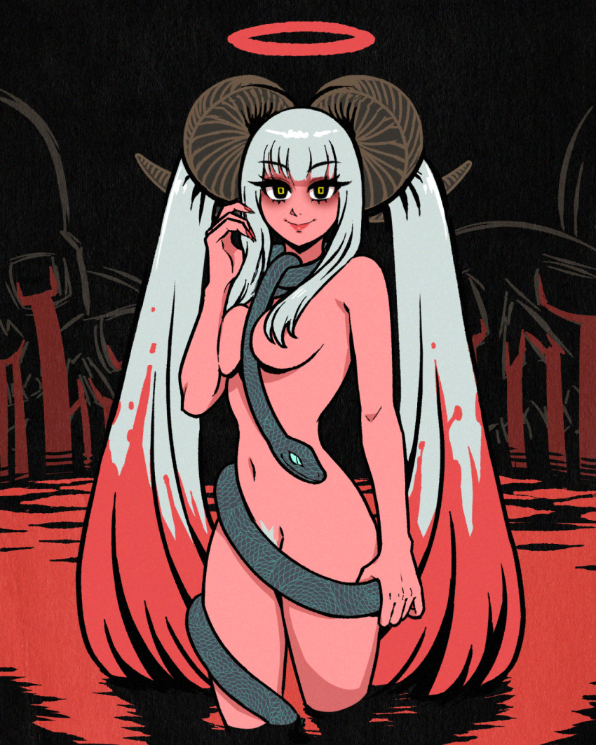 1girl akairiot alternate_form blood breasts colored_skin commentary demon_girl demon_horns english_commentary female_pubic_hair hair_over_breasts halo hatsune_miku highres horns long_hair looking_at_viewer nude pubic_hair red_halo red_skin smile snake solo twintails very_long_hair vocaloid white_background