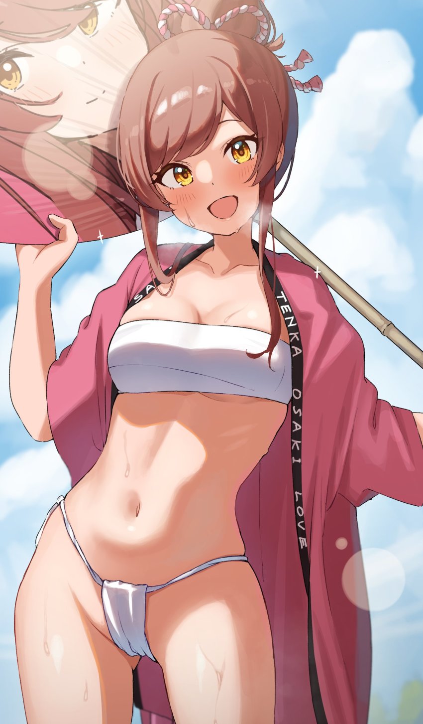 1girl absurdres alternate_hairstyle blush breasts character_print cloud cloudy_sky collarbone commentary cowboy_shot day dot_nose english_text fundoshi gluteal_fold groin hand_fan happi heavy_breathing highres holding idolmaster idolmaster_shiny_colors japanese_clothes looking_at_viewer navel open_mouth osaki_amana osaki_tenka outdoors paper_fan sky smile solo sparkle sweat swept_bangs thighs uchiwa underboob wanimaru yellow_eyes