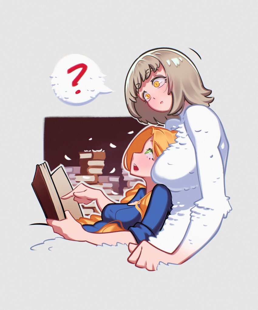 2girls ? absurdres between_breasts blonde_hair book book_stack breasts brown_hair commentary dungeon_meshi falin_touden falin_touden_(chimera) feathers green_eyes head_between_breasts highres holding holding_book large_breasts loen long_hair marcille_donato medium_breasts medium_hair multiple_girls pointing sleeves_rolled_up slit_pupils spoken_question_mark yellow_eyes