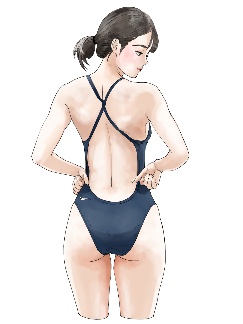 1girl absurdres ass back_cutout black_hair black_one-piece_swimsuit clothing_cutout competition_swimsuit from_behind highres looking_to_the_side one-piece_swimsuit original ponytail sakamoto_giulietta short_ponytail shoulder_blades simple_background solo swimsuit white_background