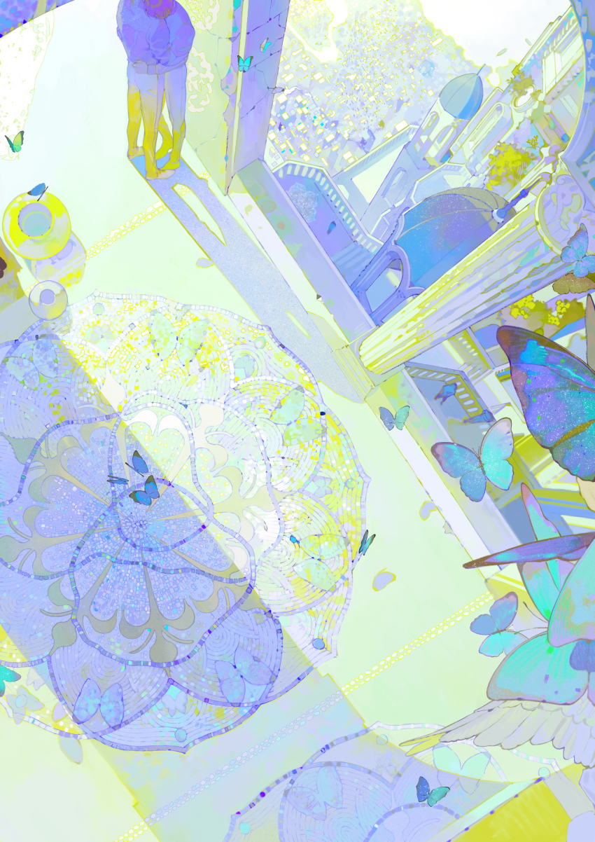 2boys absurdres architecture blue_butterfly blue_theme bug building butterfly city column commentary from_above head_out_of_frame highres implied_yaoi insect limited_palette multiple_boys original pillar shadow standing wide_shot xiaoquandianer yellow_theme