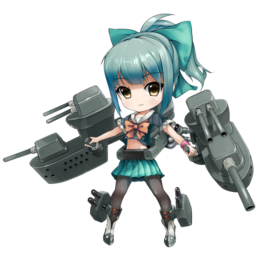 10s 1girl bow brown_eyes chibi female_focus grey_hair hair_bow kantai_collection midriff pantyhose personification ponytail school_uniform serafuku short_hair simple_background skirt solo taedu yuubari_(kancolle)