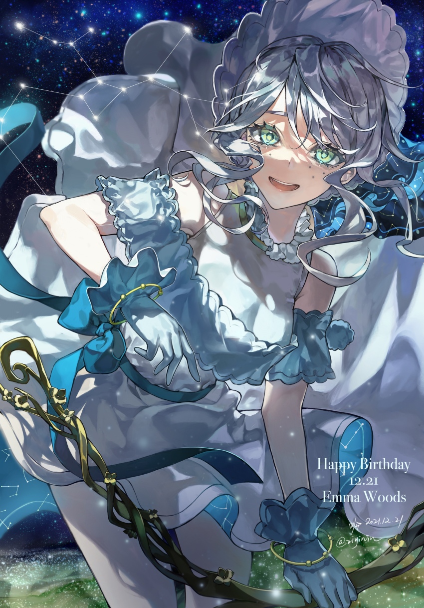 1girl :d absurdres aqua_eyes bare_shoulders blue_bow blue_gloves bonnet bow bow_(weapon) bracelet character_name constellation constellation_print cowboy_shot dated dress emma_woods freckles gloves grey_hair happy_birthday highres holding holding_bow_(weapon) holding_weapon identity_v jewelry looking_at_viewer off-shoulder_dress off_shoulder open_mouth pantyhose sagittarius_(constellation) sidelocks sky sleeveless sleeveless_dress smile solo star_(sky) starry_sky swept_bangs teeth waist_bow weapon white_dress white_headwear white_pantyhose zi_yin