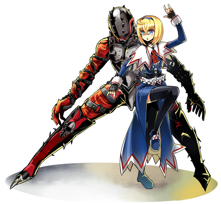 1girl alice_margatroid blonde_hair blue_eyes bodysuit boots capelet crossover dress female_focus fighting_stance fingerless_gloves full_body gloves highres hitsuji_bako jewelry marvel open_mouth penance_(marvel) puppet_rings ring simple_background solo standing standing_on_one_leg thigh_boots thighhighs touhou white_background
