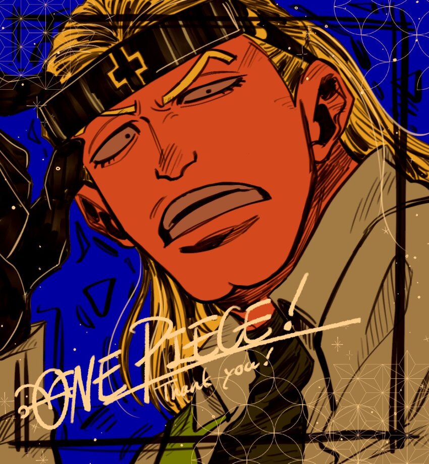 ! 1boy black_eyes black_gloves black_necktie blonde_hair commentary_request english_text eyewear_on_head gloves helmeppo highres larugo0513 long_hair male_focus necktie one_piece open_mouth solo sunglasses teeth