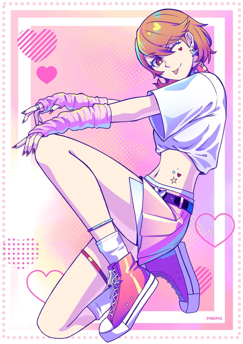 1girl absurdres alternate_costume artist_name bare_legs belt body_markings brown_eyes brown_hair butterfly_earrings choker closed_mouth detached_sleeves earrings facial_mark flipped_hair from_side full_body hair_between_eyes hashtag-only_commentary heart heart_facial_mark highres jewelry legs looking_at_viewer looking_to_the_side midriff miniskirt nail_polish navel on_one_knee one_eye_closed outstretched_arms persona persona_3 pink_choker pink_nails pink_shoes pink_skirt pink_sleeves pink_theme pinkpio1 pleated_skirt ring shirt shirt_rolled_up shoes short_hair short_sleeves skirt smile sneakers socks solo star_(symbol) star_choker swept_bangs takeba_yukari thigh_strap thighs tongue tongue_out white_shirt white_socks