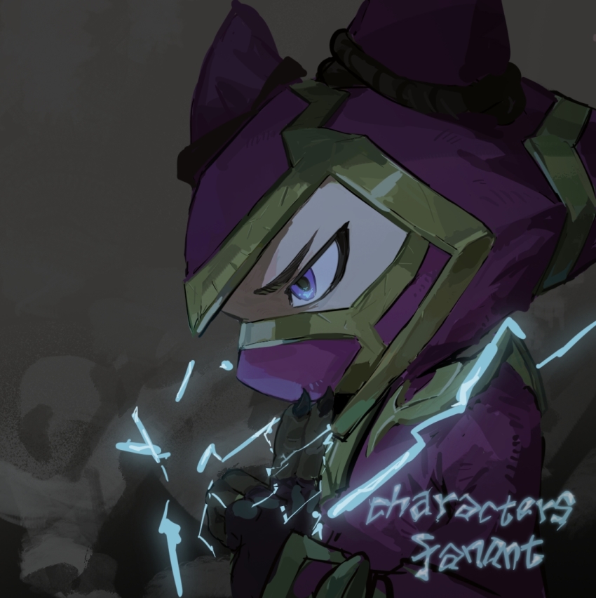 1boy black_gloves brown_background energy fingerless_gloves fingernails from_side ghostgrass gloves kennen league_of_legends male_focus mask mouth_mask nail_polish ninja ninja_mask profile purple_eyes sharp_fingernails solo