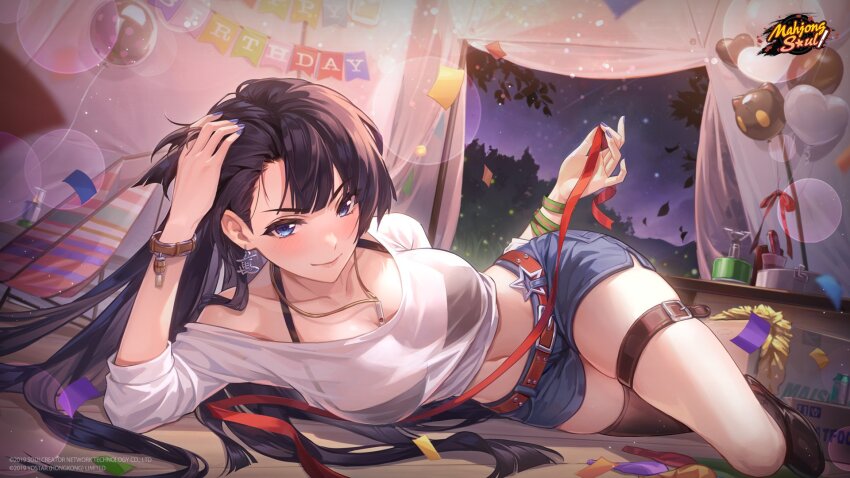 1girl artist_request balloon belt birthday black_hair blue_eyes boots bracelet breasts brown_footwear buckle confetti denim denim_shorts earrings happy_birthday highres indoors jewelry large_breasts logo lying mahjong mahjong_soul nadeshiko_(mahjong_soul) navel necklace night official_art official_wallpaper on_floor on_side red_belt red_ribbon ribbon shorts tenbou tent