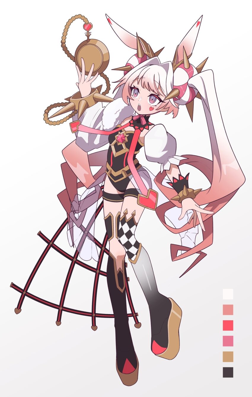 1girl animal_ears asymmetrical_clothes asymmetrical_legwear black_leotard checkered_clothes checkered_legwear double_bun full_body hair_bun highres leotard long_hair long_sleeves maliss_&lt;p&gt;_white_rabbit open_mouth pink_eyes pocket_watch rabbit_ears rabbit_girl sharuto_ryuz short_sleeves simple_background solo spiked_wristband thigh_strap twintails very_long_hair watch white_background yu-gi-oh!