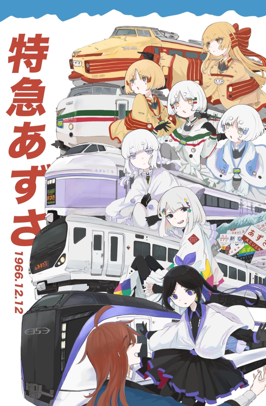 augustin_tea black_eyes black_gloves black_hair blonde_hair bow clone collared_jacket collared_shirt colored_inner_hair east_japan_railway_company gloves hair_bow highres jacket japan_railways jr_485_series jr_east_e257_series jr_east_e353_series long_hair long_sleeves multicolored_hair multiple_girls multiple_unit_train open_mouth orange_eyes pantyhose personification purple_bow purple_eyes purple_hair shirt shoes short_hair skirt train vehicle_and_personification white_hair wipers yellow_eyes