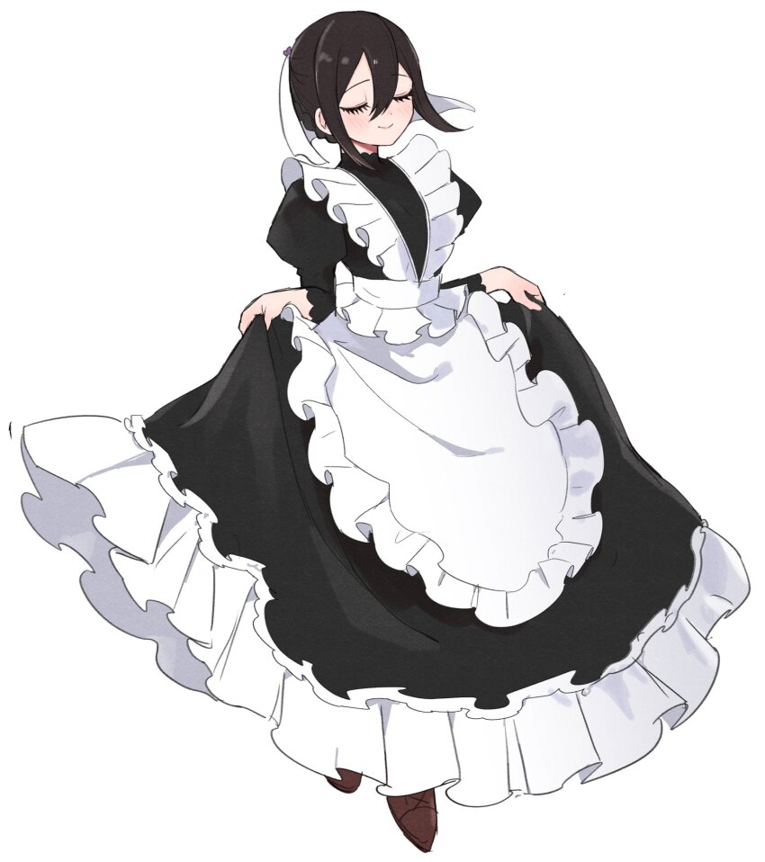 1girl apron black_dress black_hair braid brown_footwear closed_eyes closed_mouth clothes_lift dress dress_lift frilled_apron frilled_dress frills highres kimi_no_koto_ga_dai_dai_dai_dai_daisuki_na_100-nin_no_kanojo maid maid_apron meido_mei oyomidtarumi simple_background smile solo white_apron white_background