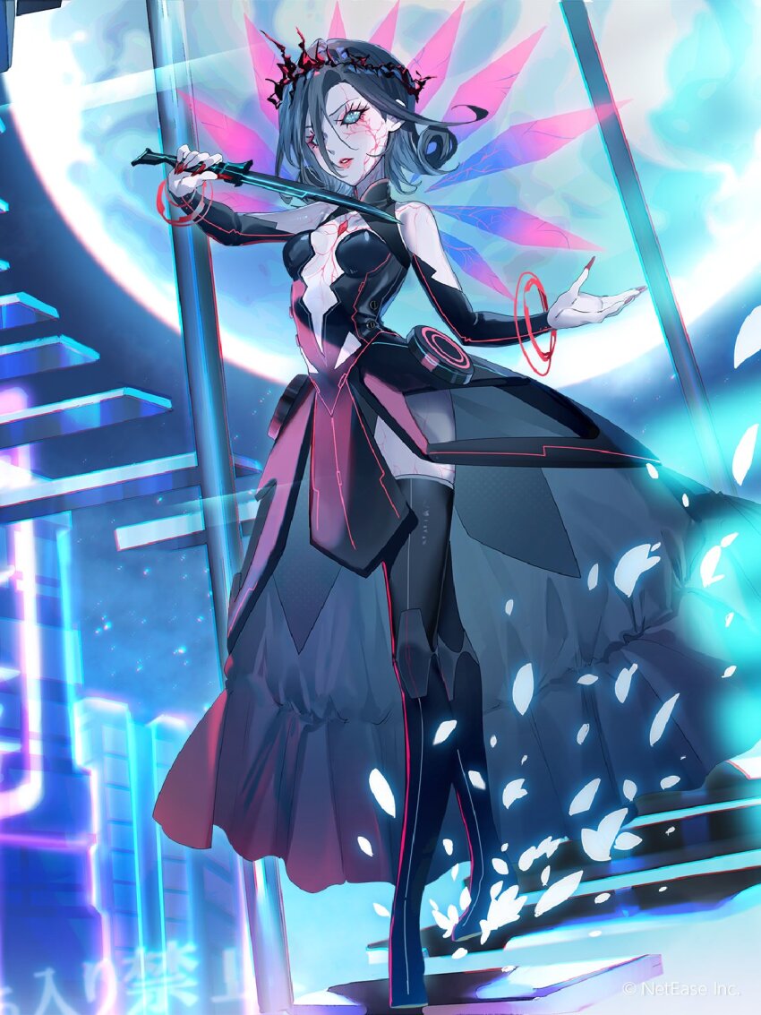 1girl alternate_costume black_boots black_dress black_hair blue_eyes boots breasts building chest_jewel cleavage clothing_cutout copyright_notice cracked_skin crown cuffs curly_hair dagger detached_sleeves dress energy_wings eyeshadow fingernails full_body full_moon hair_between_eyes hand_up high-low_dress high-low_skirt highres holding holding_dagger holding_knife holding_weapon identity_v knife lipstick long_bangs looking_at_viewer makeup mandarin_collar mary_(identity_v) medium_breasts miwano_rag moon nail_polish night official_art outstretched_hand pale_skin parted_lips pelvic_curtain petals pink_eyeshadow pink_lips plunging_neckline red_nails science_fiction sharp_fingernails short_hair sleeveless sleeveless_dress solid_eyes solo stairs standing thigh_boots veins weapon