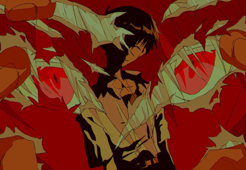2boys abstract belt black_hair character_background collared_shirt colored_eyelashes fishcoooo hair_between_eyes highres ikari_shinji male_focus multiple_boys nagisa_kaworu neon_genesis_evangelion red_eyes red_theme ripping shaded_face shirt short_hair upper_body white_hair