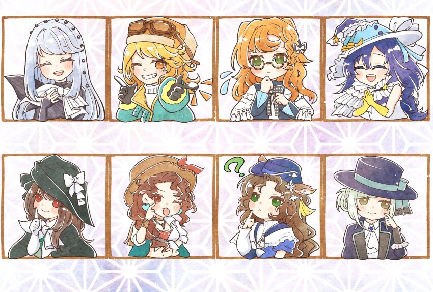 6+girls :&lt; ;p ^_^ animal_ears ascot black_cape black_coat black_gloves black_hat black_shirt blue_bow blue_dress blue_hair blue_hat blue_jacket blue_shirt blush boater_hat bow brown_eyes brown_hat cape capelet checkered_ribbon closed_eyes coat collared_shirt cowboy_hat deer_ears deer_girl desert_flannel dress eyelid_pull finger_gun finger_to_cheek flying_sweatdrops glasses gloves goggles goggles_on_headwear green_eyes grey_eyes grey_hair grin hair_bun hand_on_own_hip hand_up hat hat_bow highres jacket jessica_(reverse:1999) jessica_(voyage_from_your_bed)_(reverse:1999) long_hair midriff multiple_girls neck_ribbon neckerchief notice_lines official_alternate_costume one_eye_closed onikura_minori_(artist) open_mouth orange_eyes pink_background pointing pointing_at_viewer red_eyes regulus_(reverse:1999) regulus_(take_off!_to_the_future)_(reverse:1999) reverse:1999 ribbon round_eyewear shirt short_hair single_side_bun smile sonetto_(emotion_in_tranquility)_(reverse:1999) sonetto_(reverse:1999) tongue tongue_out tricorne upper_body vertin_(reverse:1999) voyager_(reverse:1999) white_ascot white_capelet white_dress white_gloves white_hair white_neckerchief white_shirt witch_hat yellow_gloves