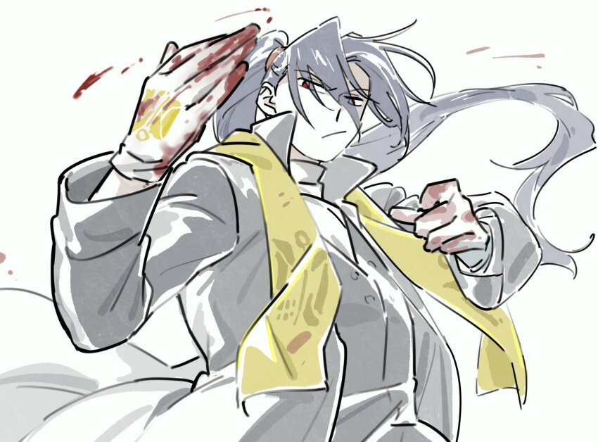 1boy black_coat black_hair black_vest blood blood_on_clothes blood_on_gloves closed_mouth coat dieci_association_(identity)_(project_moon) gloves high_ponytail highres jia_huan_(project_moon) keisotu_kuruu limbus_company long_hair long_sleeves looking_at_viewer male_focus ponytail project_moon red_eyes shirt simple_background solo stole upper_body vest white_background white_gloves white_shirt
