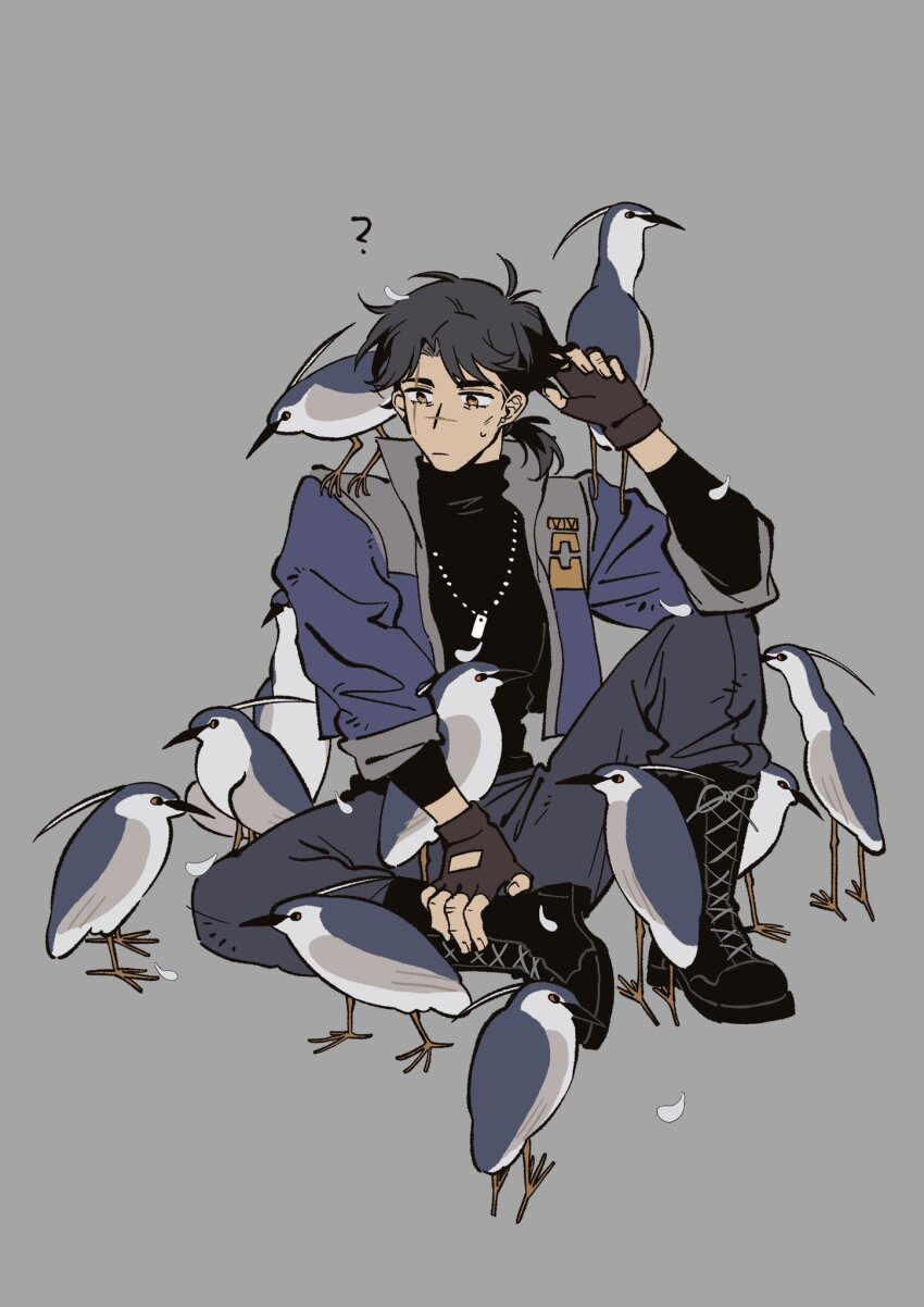 1boy animal armored_core armored_core_vi:_fires_of_rubicon bird black_boots black_gloves black_hair black_pants black_shirt blue_jacket boots brown_eyes closed_mouth dog_tags fingerless_gloves full_body gloves grey_background highres jacket knee_up la_bo_chu_shi male_focus pants ponytail scar scar_across_eye scar_on_face scar_on_nose shirt short_hair simple_background sitting sleeves_rolled_up solo sweatdrop v.iv_rusty